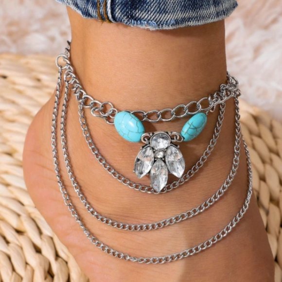 ✨BoHo Rhinestone Turquoise Layered Anklet🌻✨ - Picture 1 of 4